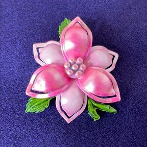 Metal Brooch Pink Flower and Green Leaves, Vintage 1970s